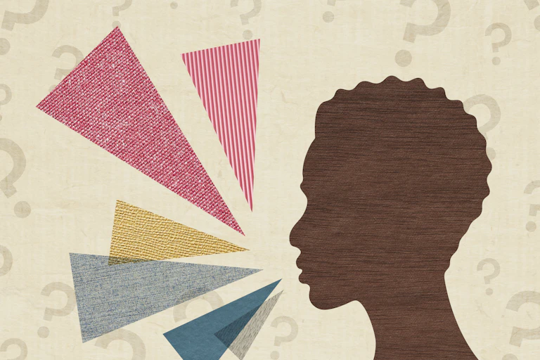 Silhouette of a black person and colorful speech bubbles.