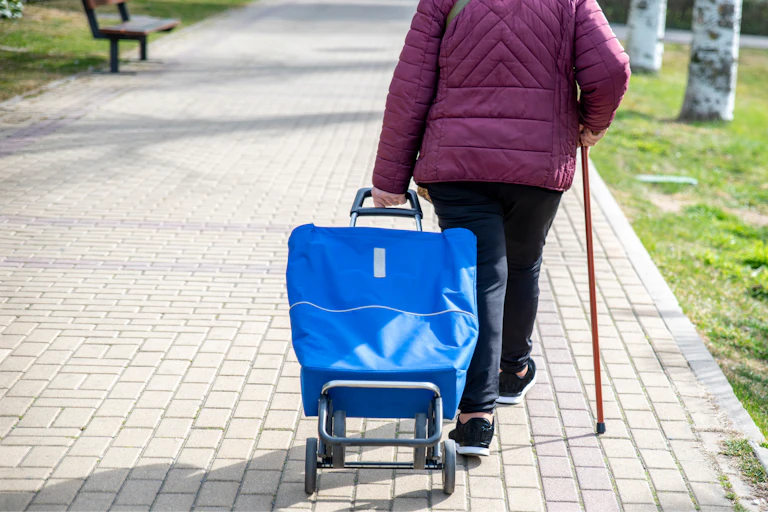 une personne âges marchant avec une canne va faire ses courses avec un caddie à roulettes. il est pris en photo de dos