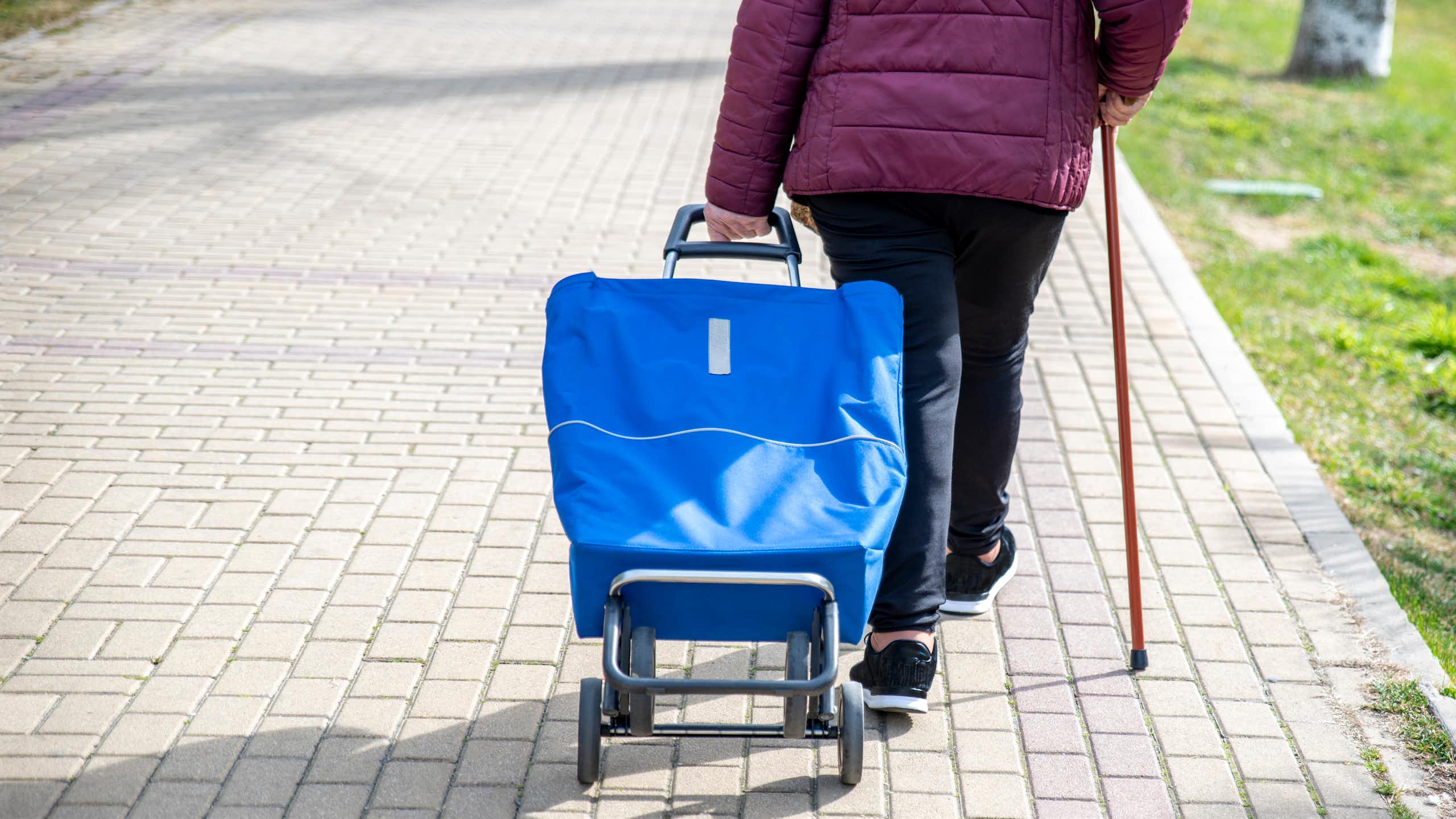 une personne âges marchant avec une canne va faire ses courses avec un caddie à roulettes. il est pris en photo de dos