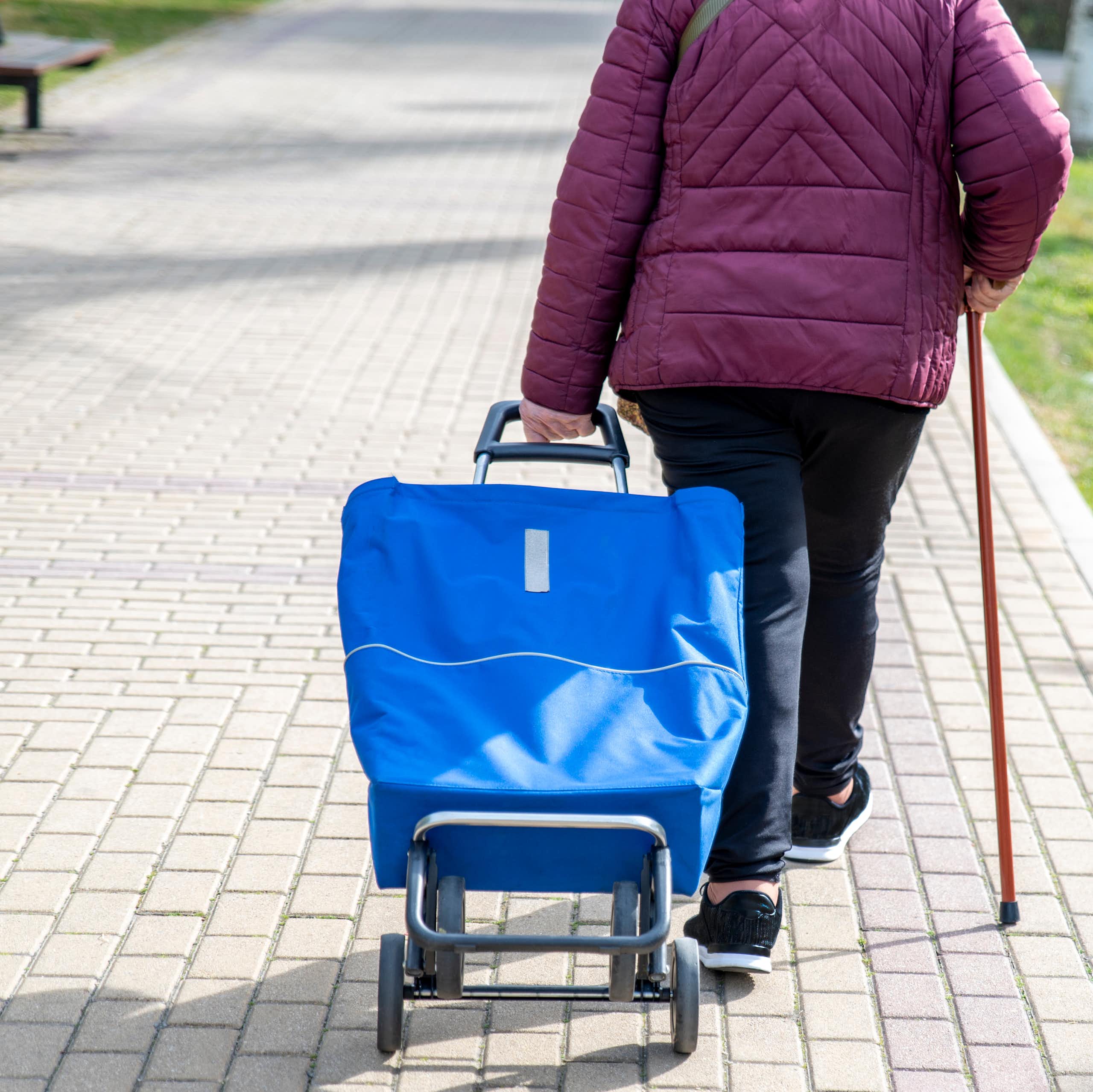 une personne âges marchant avec une canne va faire ses courses avec un caddie à roulettes. il est pris en photo de dos