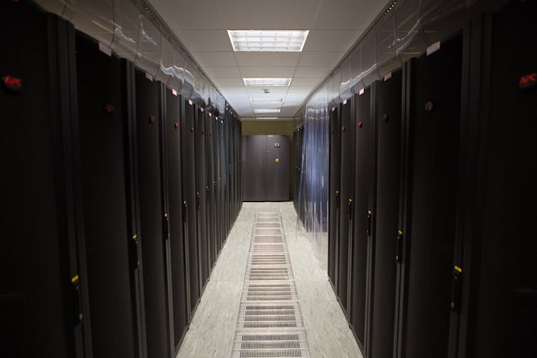 Rows of black metal data hubs.