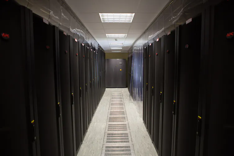 Rows of black metal data hubs.