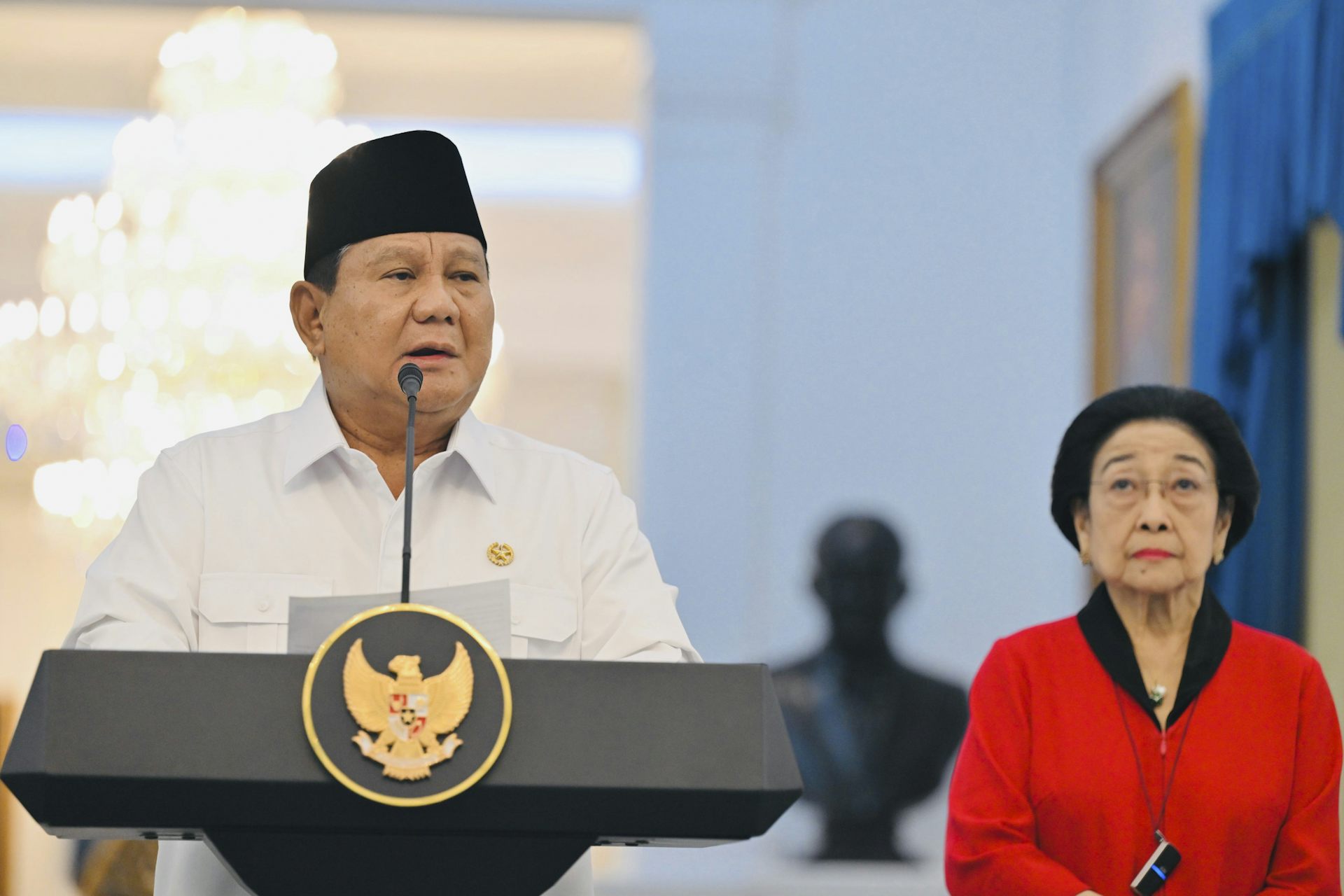 Indonesia’s president, Prabowo Subianto, speaking during a press conference.
