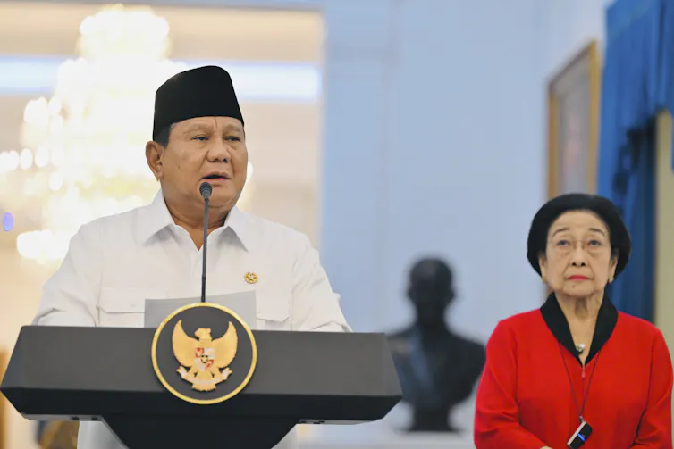 Indonesia’s president, Prabowo Subianto, speaking during a press conference.