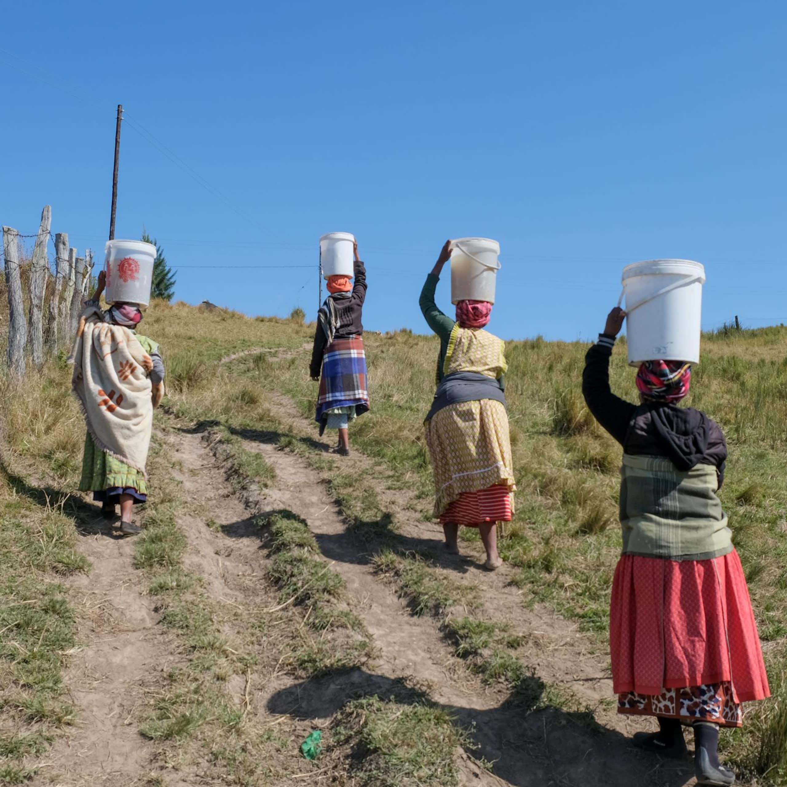 Four elderly women walk up a steep and grassy hill on a dirt track, each with a 20 litre bucket of water balanced on their heads