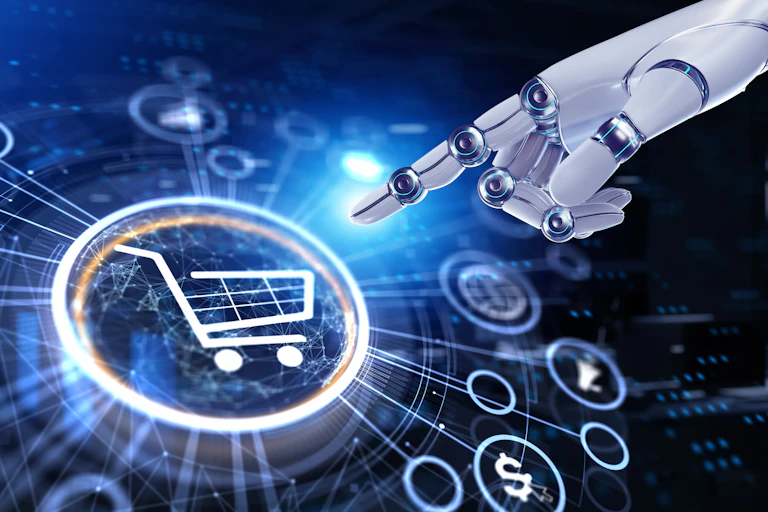 Robotic hand points to shopping basket symbol.