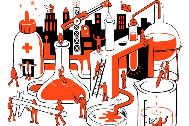 cartoon of figures in front of human-size test tubes, beakers, plates and so on