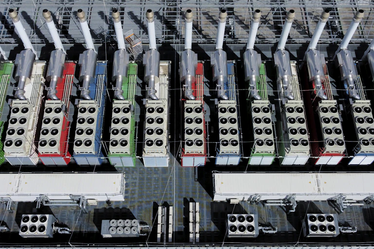 A row of rectangular structures with eight round holes on top of each on the roof of a large industrial building