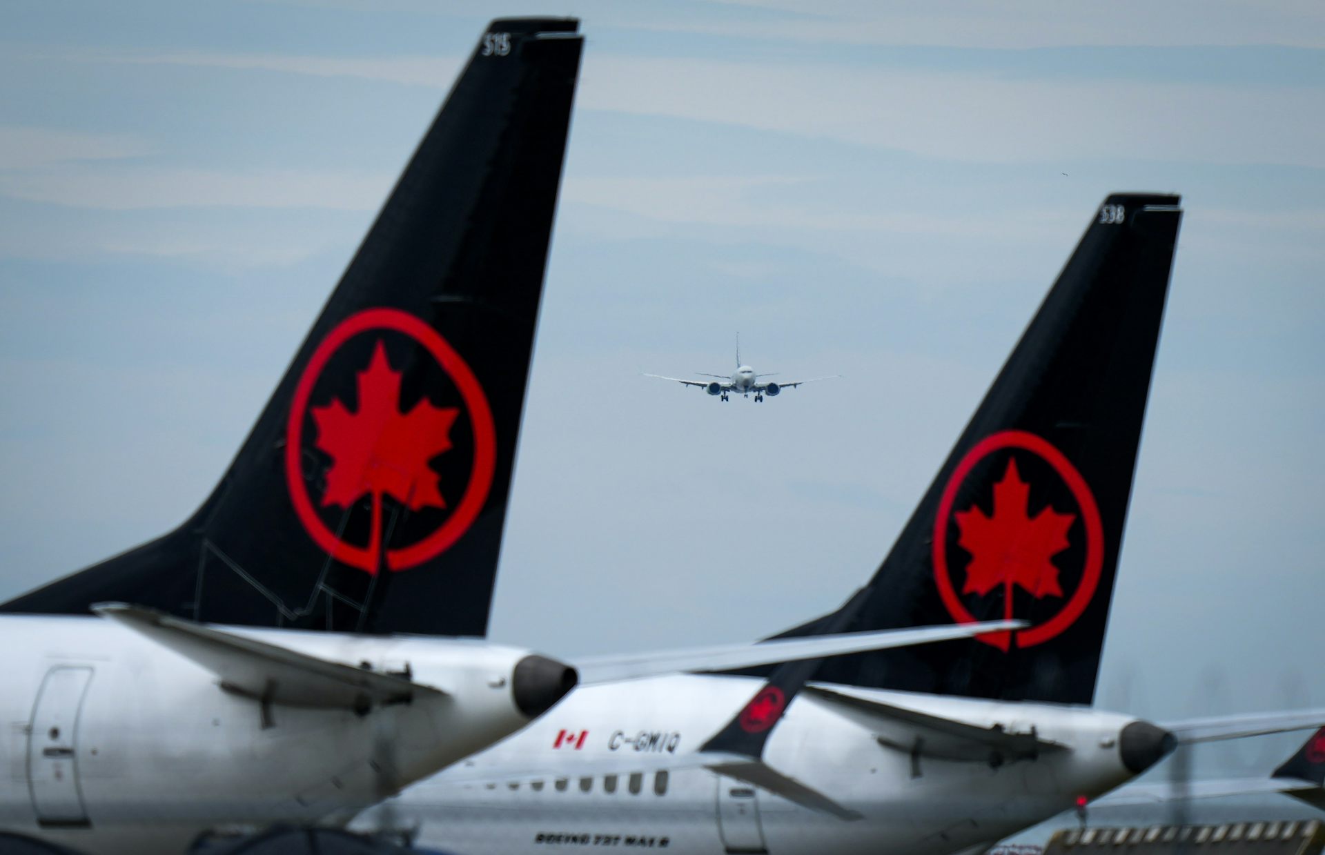 Two planes with Air Canada logos on their tails sit parked at an airport while a plane flies in the background