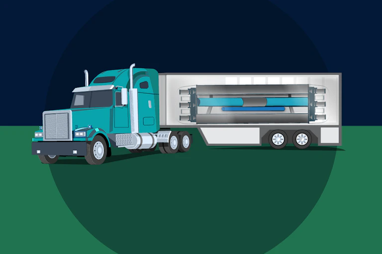 An illustration showing a semi truck with a cylinder representing a nuclear microreactor inside the trailer.