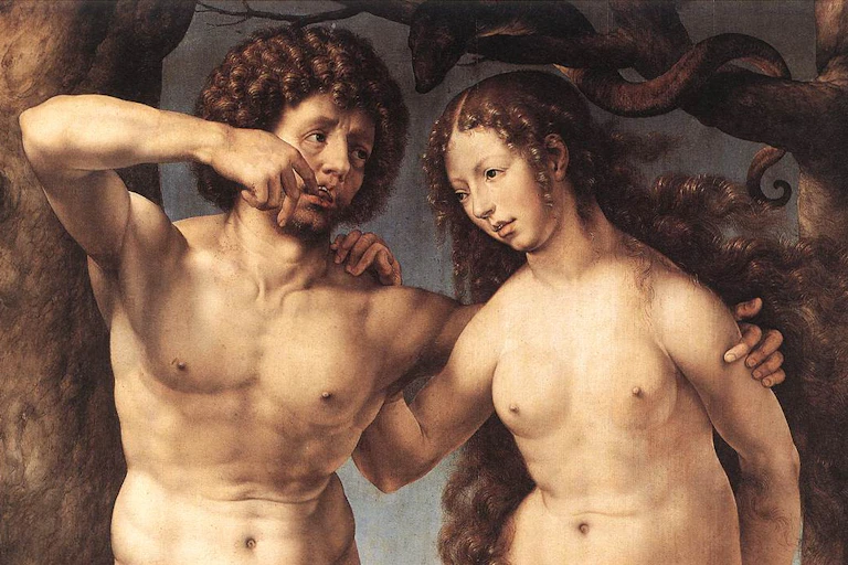 A painting of a naked Adam and Eve.