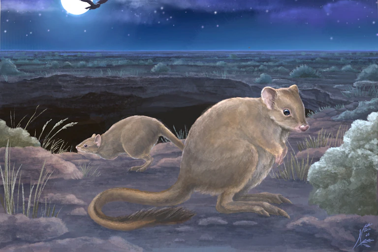 A mother Bettongia haoucharae and joey searching for food around the Nullarbor heath at night. In the distance, an owl hunts for unsuspecting prey.