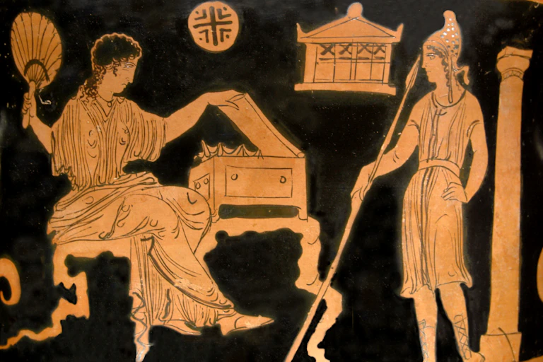 An ancient painting of Helen, with jewellery box and fan, and Paris.