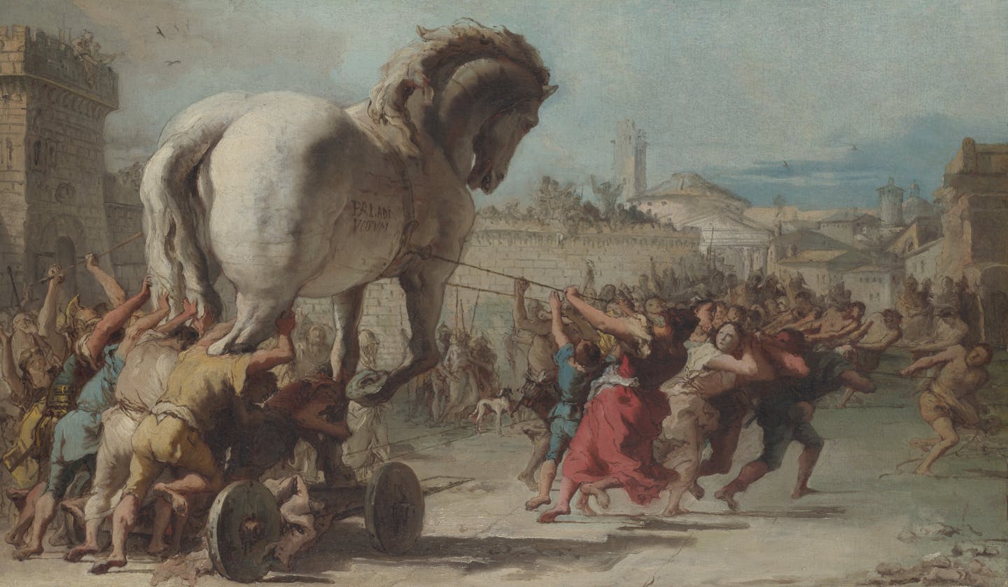 A painting of soldiers pulling a huge, white wooden horse.