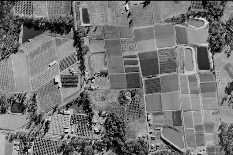 farmland in Sydney, aerial view, many pastures and crops.