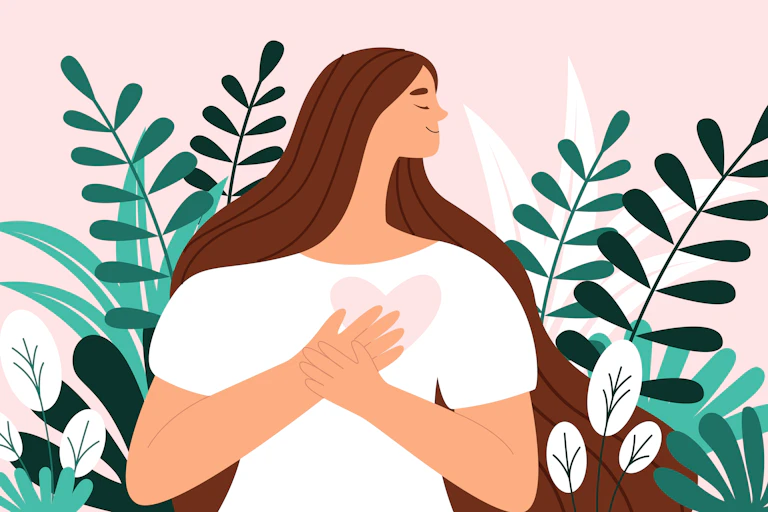 A digital drawing of a woman who has placed her hands over the pink heart drawn on her chest.