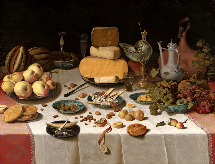 A 17th century painting of a spread of food by a Dutch master.