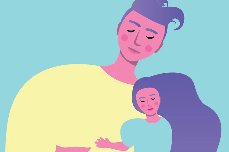 Ilustración en color que muestra a una niña con una camiseta azul abrazando a un hombre con camiseta amarilla