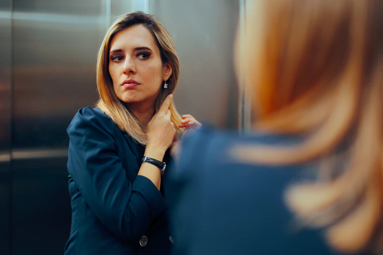 Woman looking at herself in the mirror.