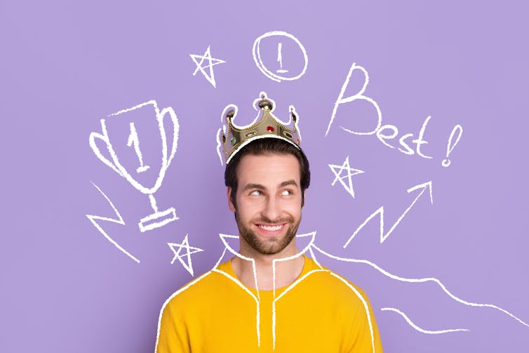 Montage of man against purple background with celebratory symbols.