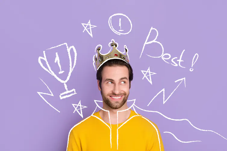 Montage of man against purple background with celebratory symbols.