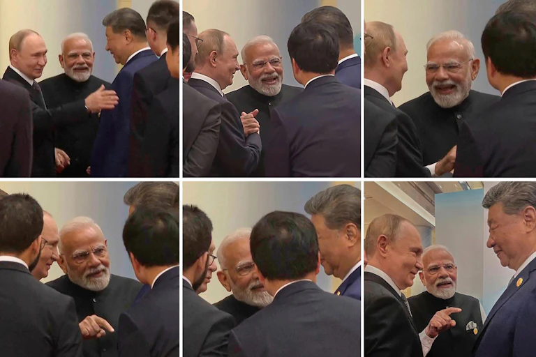 A colllection of pictures showing CHinese president Xi Jinping, Indian prime minister Narendra Modi and Russian president Vladimir Putin.