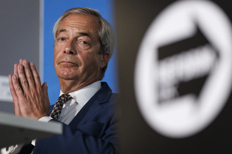 Nigel Farage next to a Reform UK logo