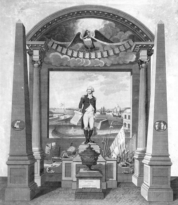 A man in old-fashioned clothing, standing on a pedestal surrounded by elegant sculptures and images.