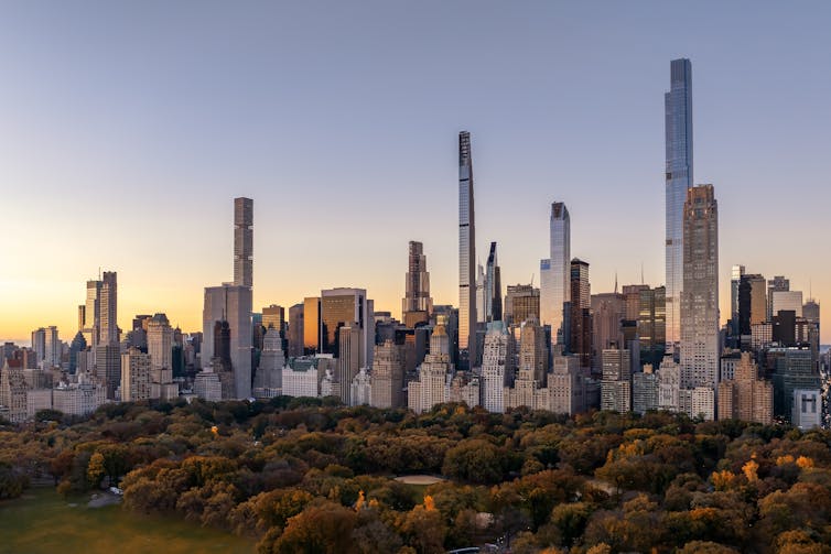 A view of part of the NYC skyline across Central Park, with several skinny towers sticking up on their own.