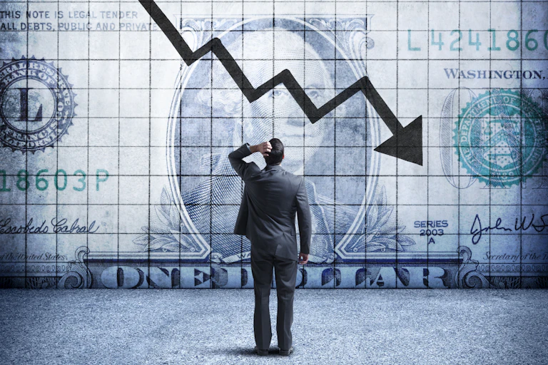 A photo illustration shows a concerned businessman as he places his hand on his head and looks up at a wall-sized graphic showing U.S. $1 bill coupled with a downward trending arrow and chart.