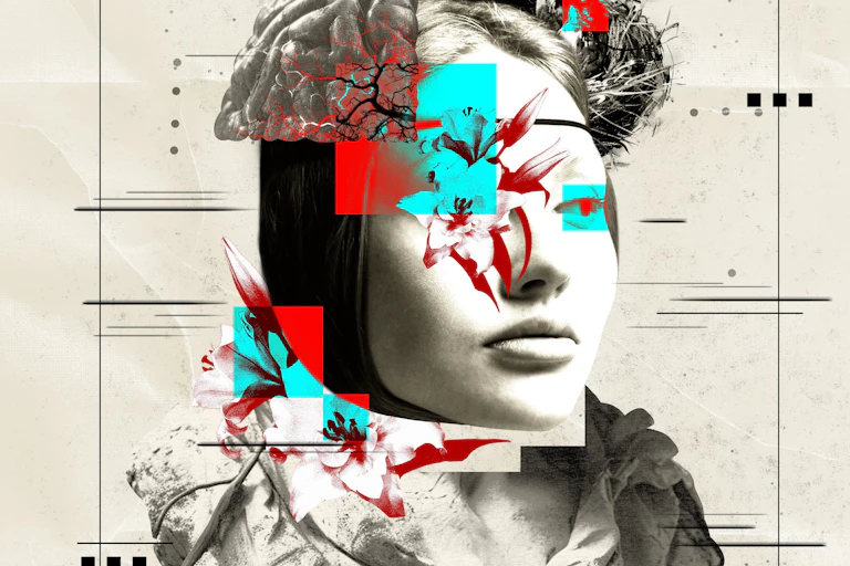 Illustration of a woman's face with brain overlaid.
