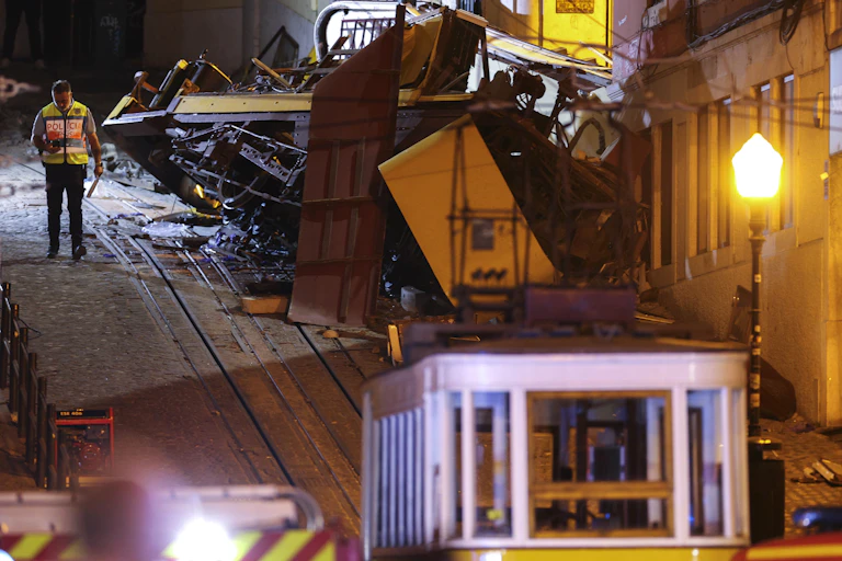 Wreckage at the scene of streetcar accident in Lisbon