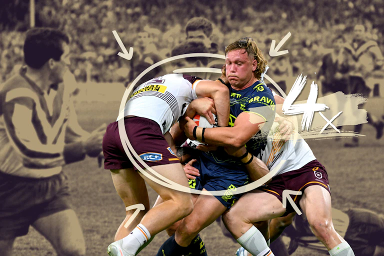 NRL players collide in full colour, while in the background, black and white imagery of an historic game is seen