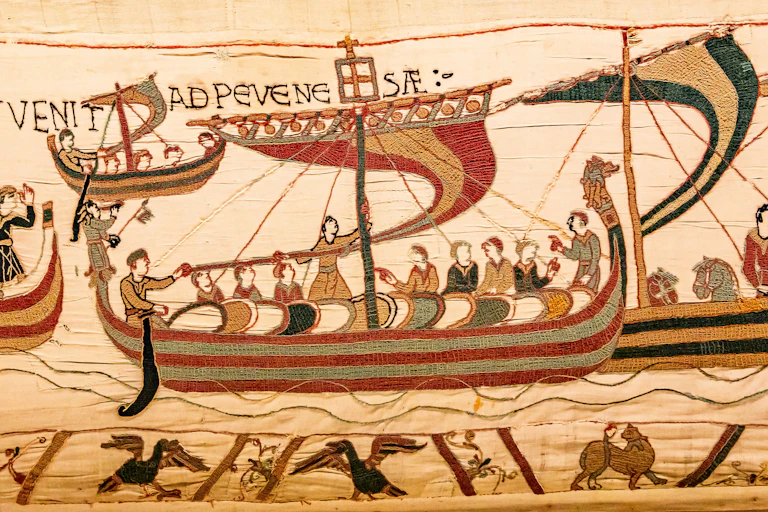 A section of the Bayeux Tapestry showing William the Conqueror's flotilla crossing the Channel.