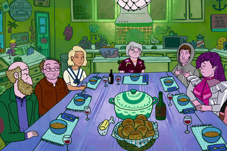 Illustration of the Schwoopers at the dinner table.