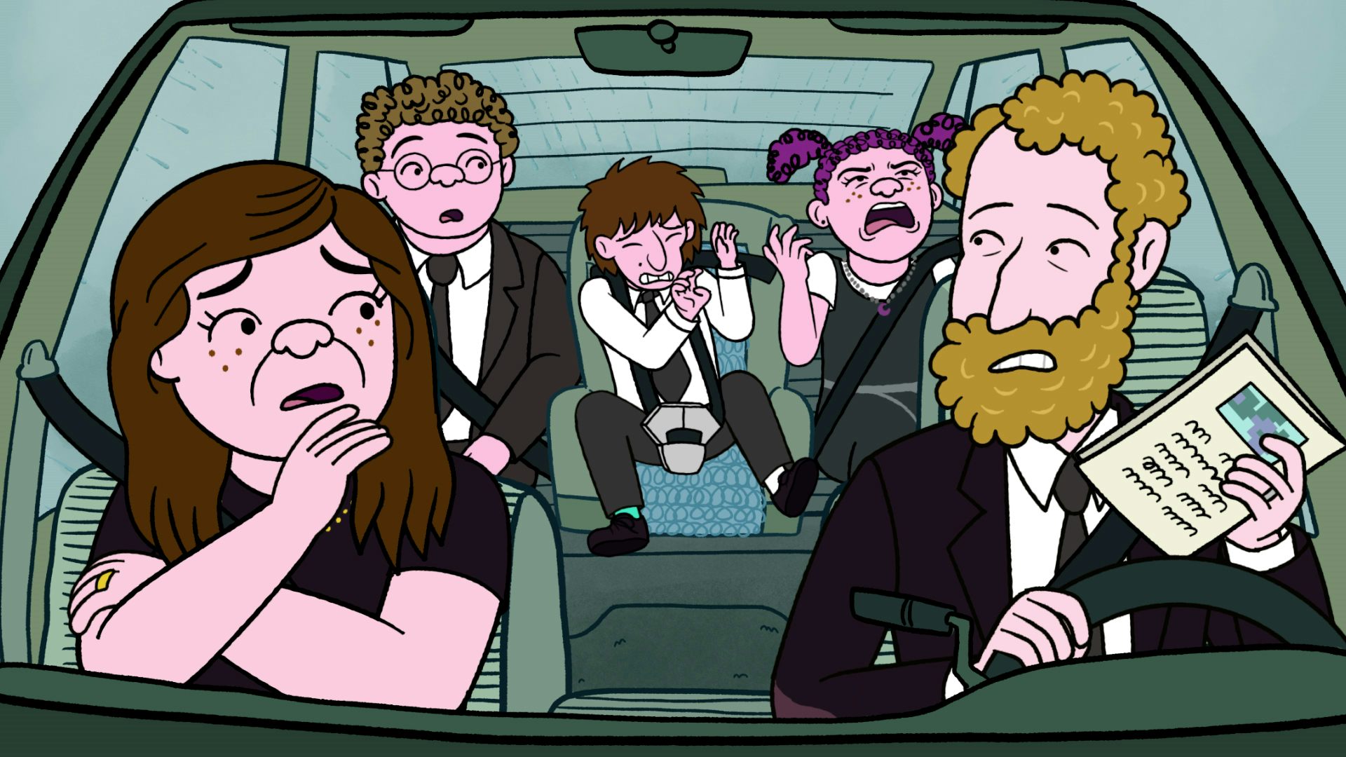 The Schwoopers dressed all in black in a car