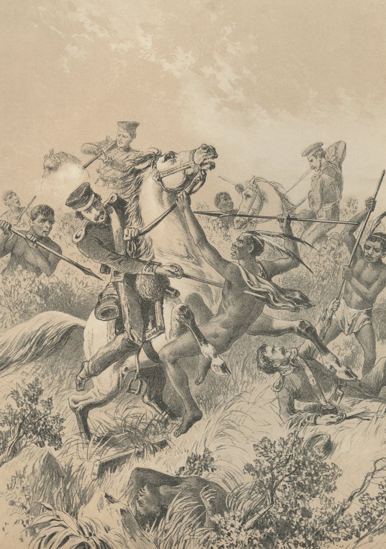 A drawing shows a man in uniform on a horse spearing a man.