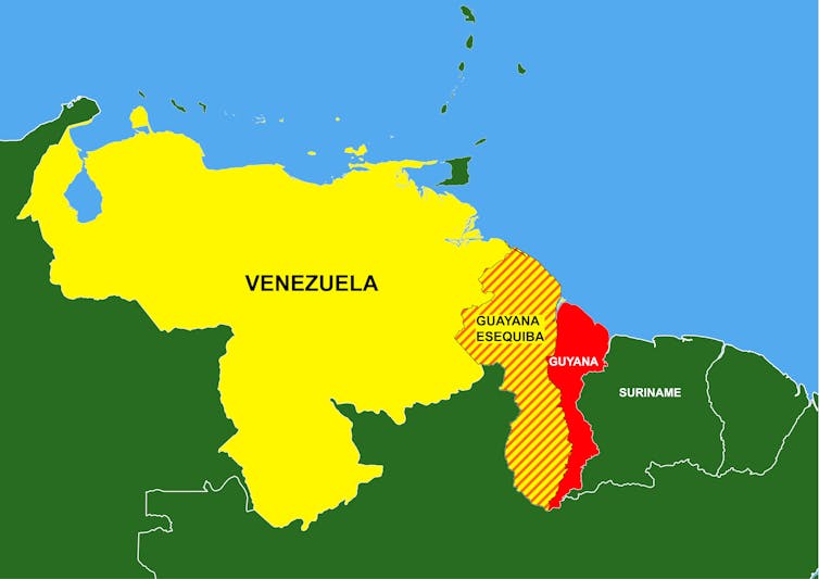 A map showing Venezuela, Guyana and the disputed Essequibo region.