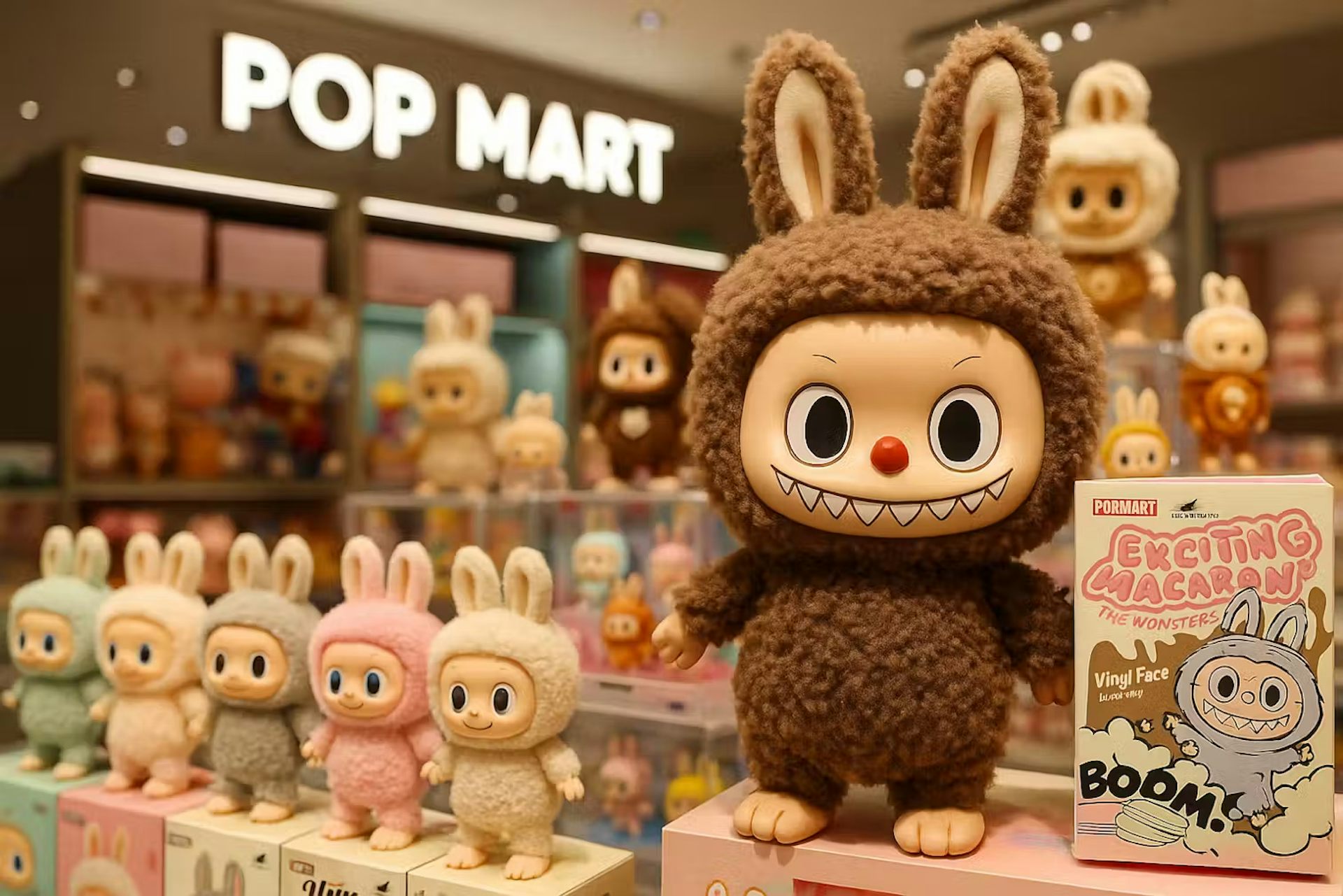 Muñecos Labubu en exposición.