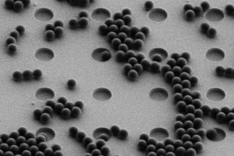 A microscopic image showing lots of tiny black beads on a grey surface.