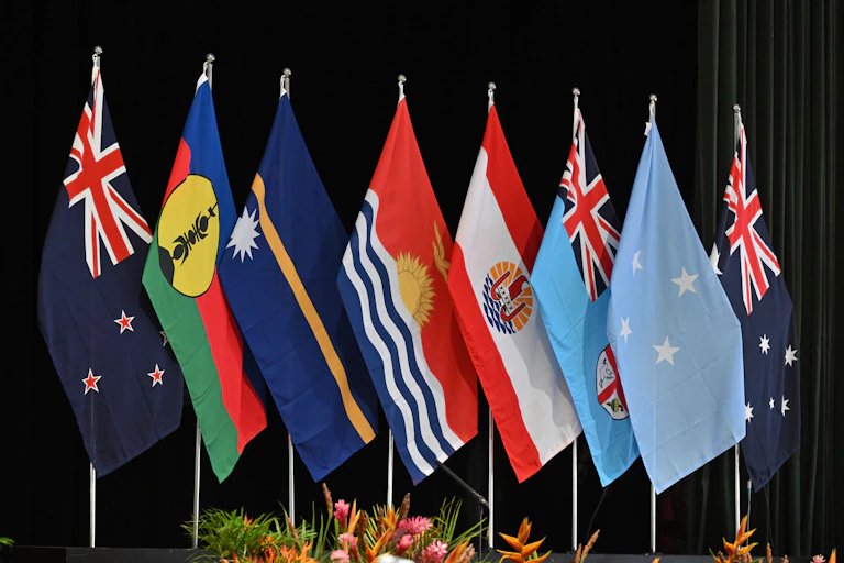 Flags of Pacific nations standing in a row