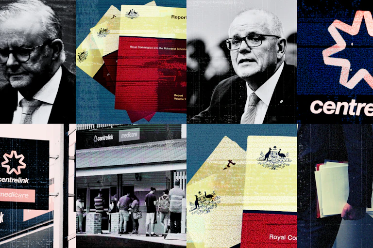A collage of government reports, Centrelink offices, Scott Morrison and Anthony Albanese