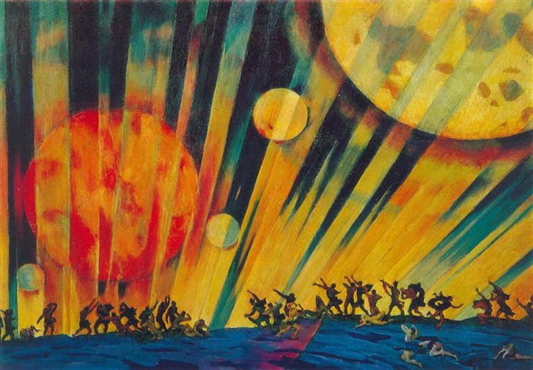 a painting of people, arms raised, along a landscape with numerous giant planets in the sky and rays of light rising from beyond the horizon