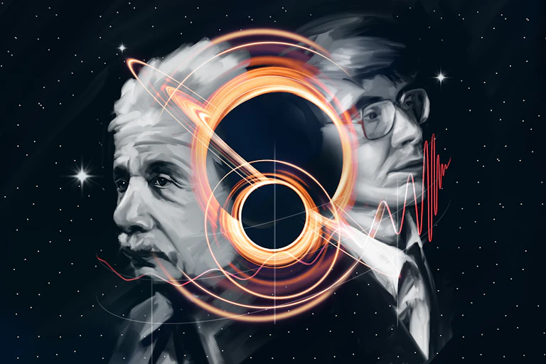 Drawings of Albert Einstein and Stephen Hawking in a collage with a black hole artwork.