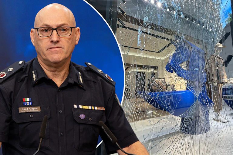 A combination image of Victoria Police Acting Deputy Commissioner Regional Operations David Clayton in June 2025 and smashed windows of a luxury store after a ram raid in Melbourne in April 2025.