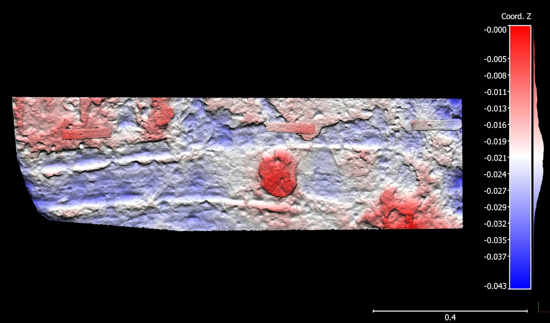 Blue and red image of parallel lines and a circular mark