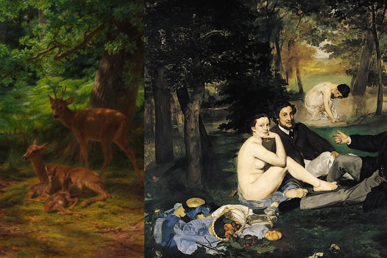 _Biches et cerf au repos_ de Rosa Bonheur, _Le Déjeuner sur l'herbe_ d'Edouard Manet, _Un Cerf_ de Rosa Bonheur, _Le Rêve_ d'Henri Rousseau