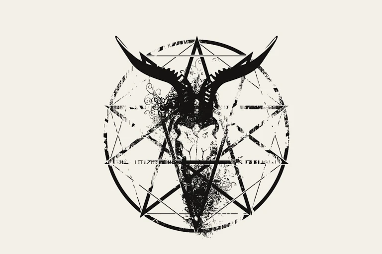 An illustration of a circle with a pentagram inside it and a goat skull and horns in the middle of that.