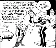 Dibujo de un hombre bajito que habla con una chica despampanante y que le dice que la ha contratado para que le suba el ego.