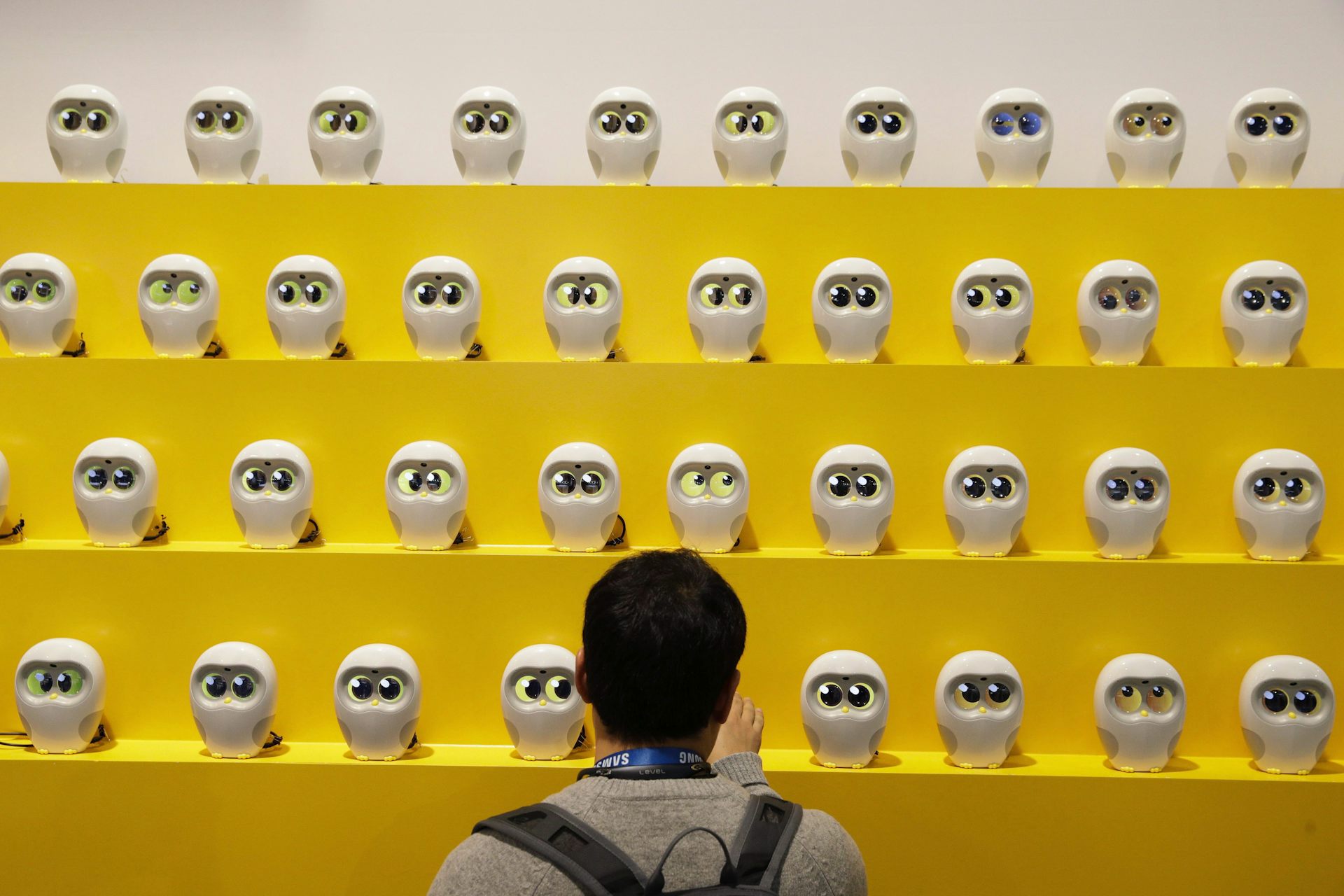 a person looks at rows of small white robots placed on yellow shelves
